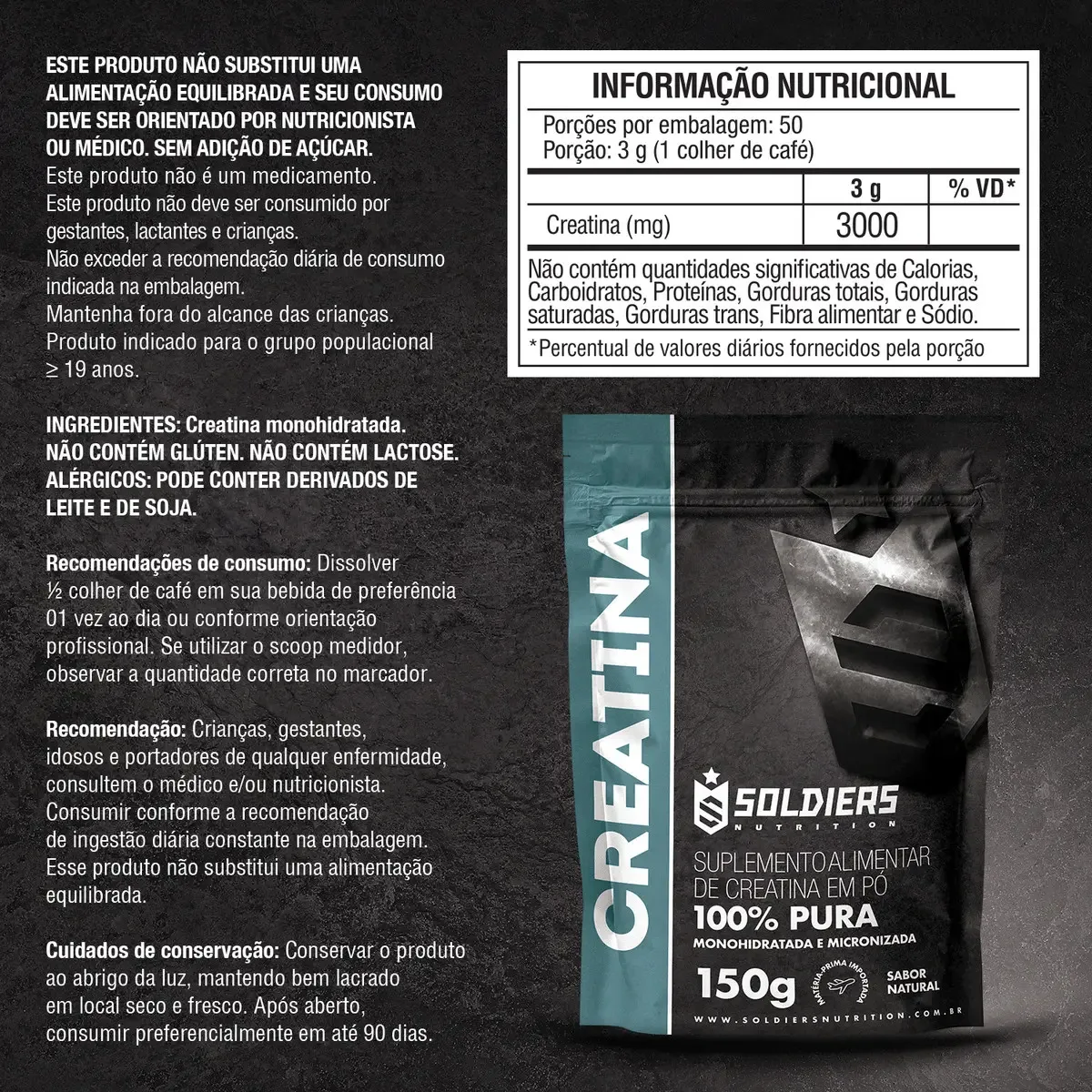 Creatina Monohidratada 150g Soldiers Nutrition 100% Pura Importada Performance Músculo Treino