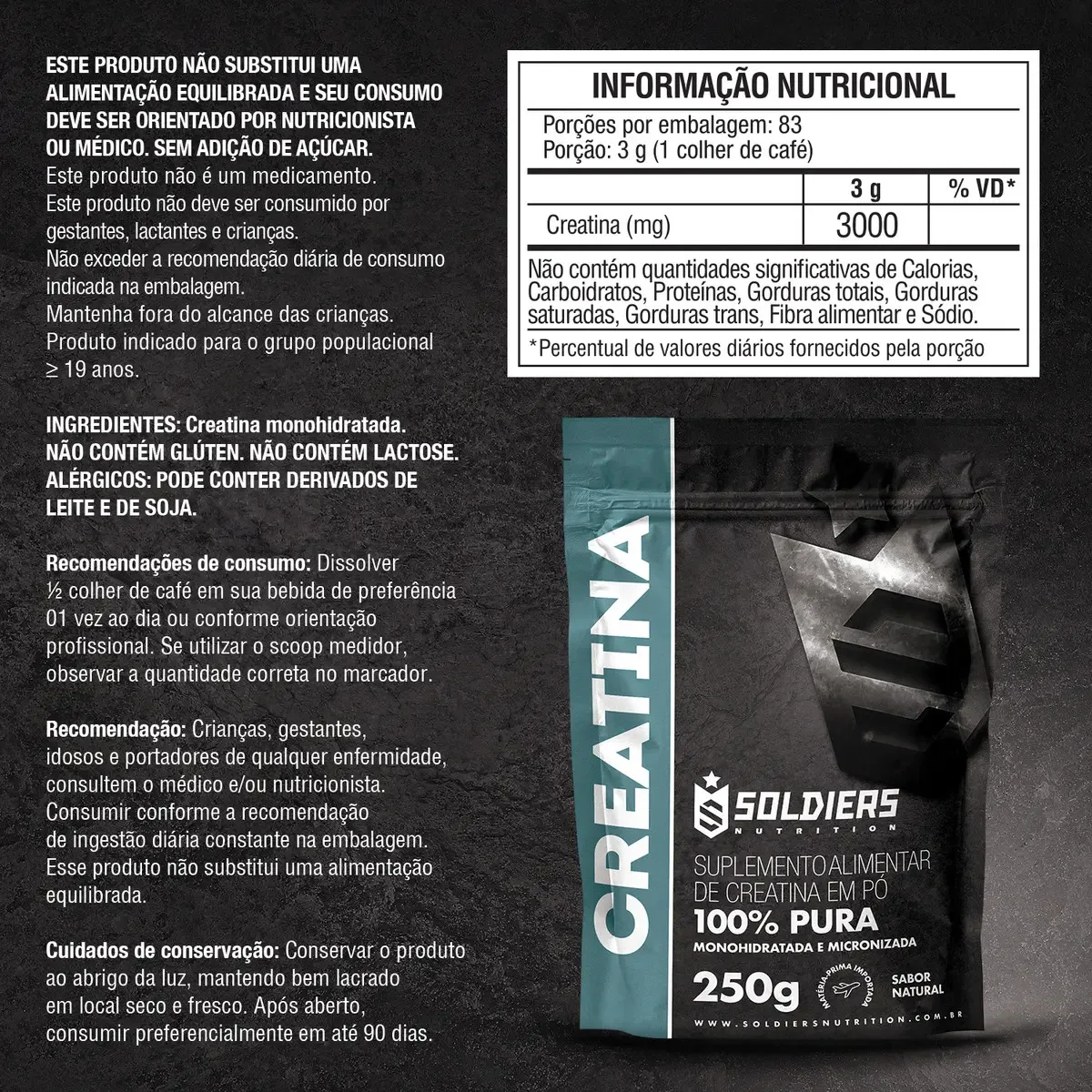 Creatina Monohidratada 250g Soldiers Nutrition 100% Pura Importada Performance Músculo Treino