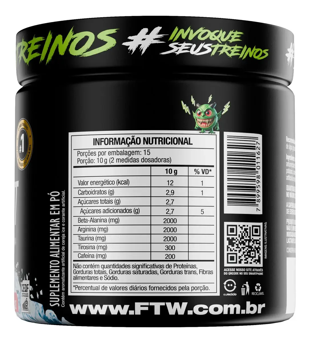 Suplemento Em Pó Pre Treino Pre Workout Pote 150g Sabor Cereja Ice FTW - DIABO VERDE