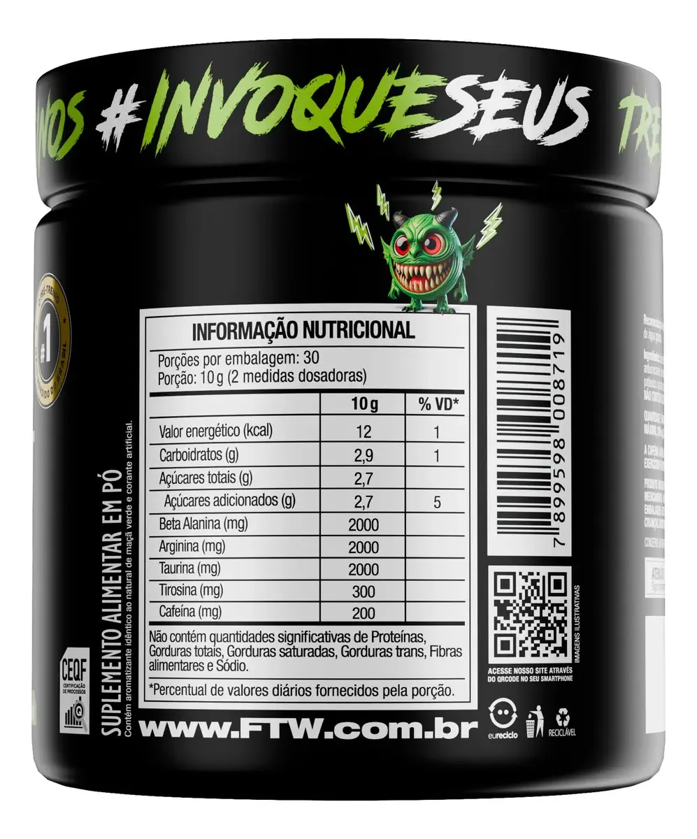 Suplemento Em Pó Pre Treino Pre Workout 300g Sabor Maça Verde FTW - DIABO VERDE
