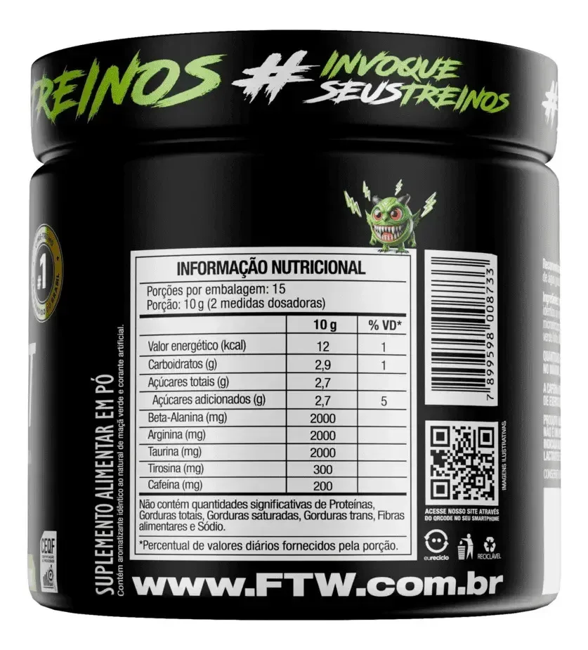 Suplemento Em Pó Pre Treino Pre Workout Pote 150g Sabor Maça Verde FTW - DIABO VERDE