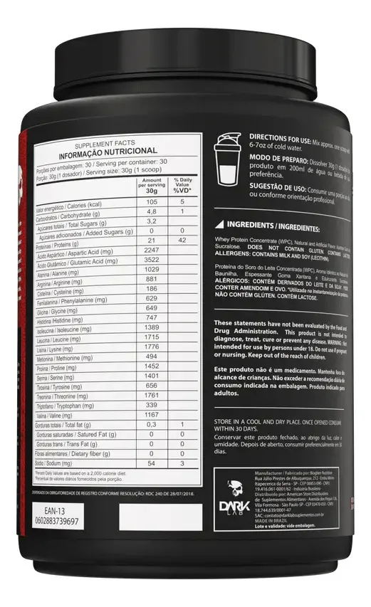 100% Whey Pote 900g | 30 Porções | - Dark Lab Sabor Morango