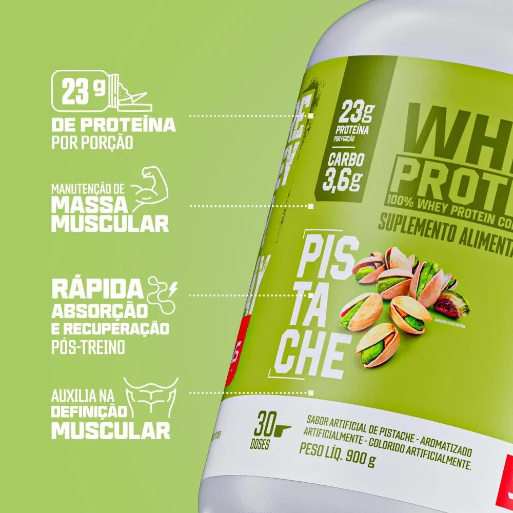 100% Whey Protein Concentrado 900g Sabor: Pistache - Proteína 100% Pura - 3VS Nutrition