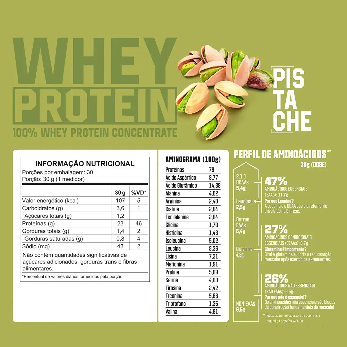 100% Whey Protein Concentrado 900g Sabor: Pistache - Proteína 100% Pura - 3VS Nutrition