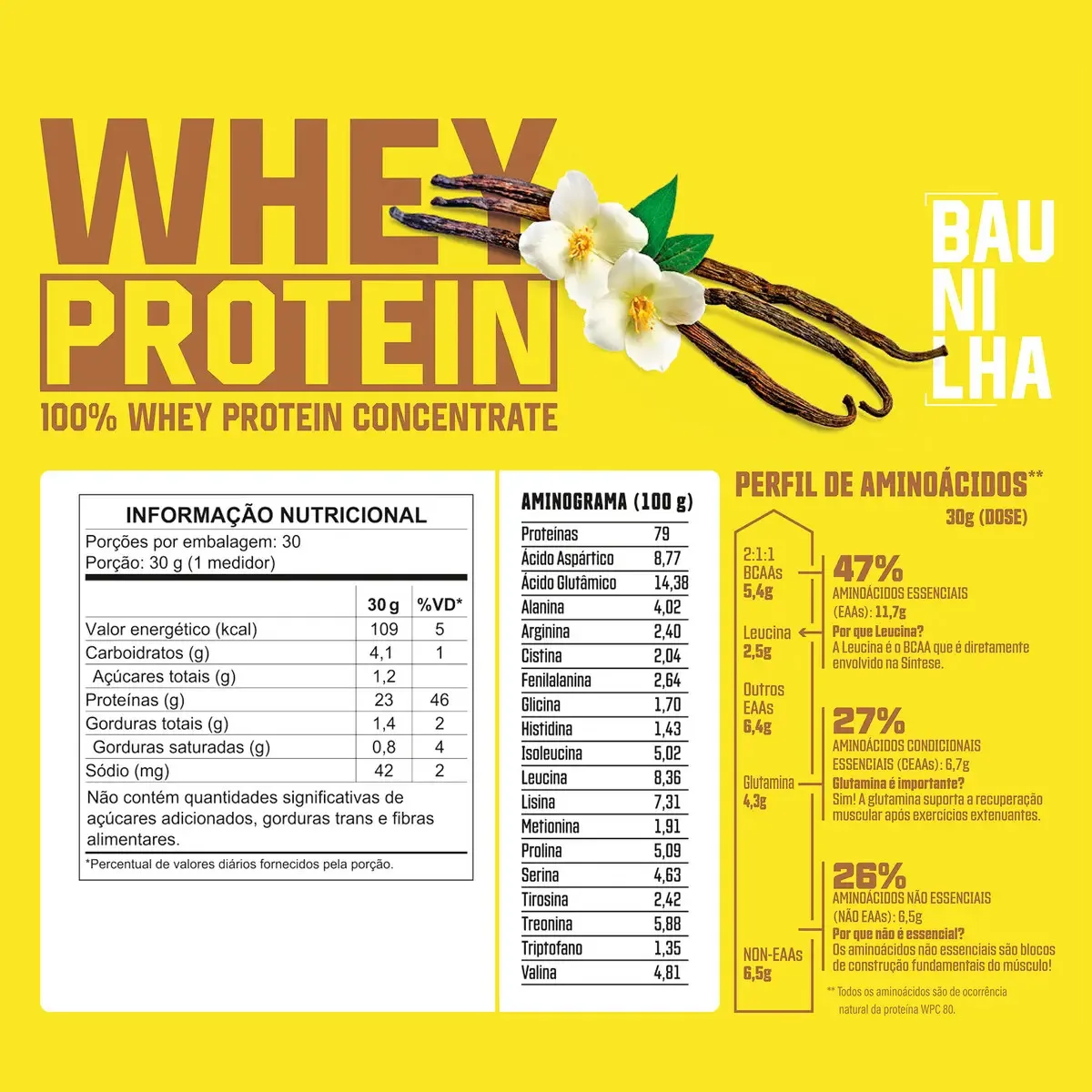 100% Whey Protein Concentrado 900g Sabor: Baunilha - Proteína 100% Pura - 3VS Nutrition