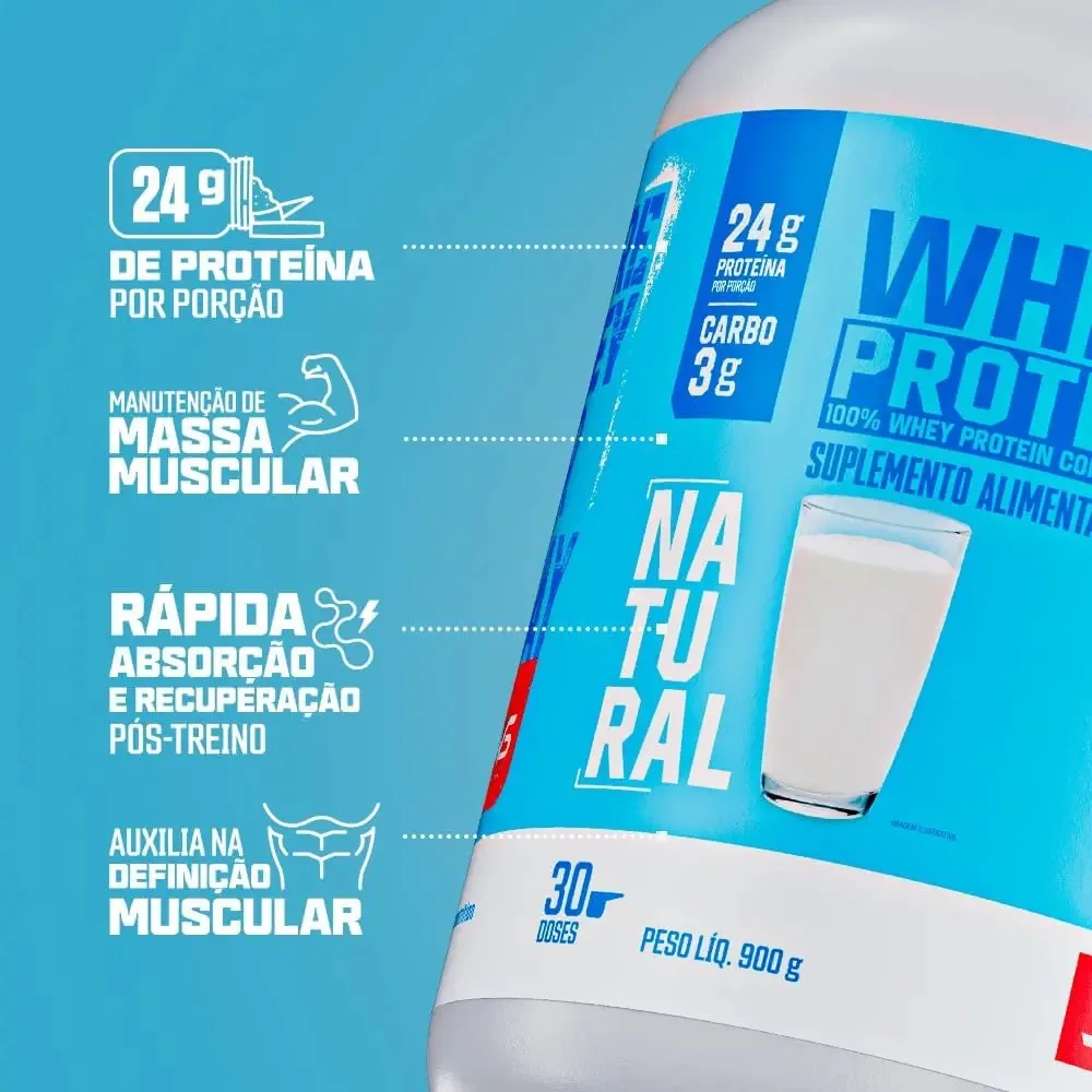 100% Whey Protein Concentrado 900g Sabor Natural - Proteína 100% Pura - 3VS Nutrition