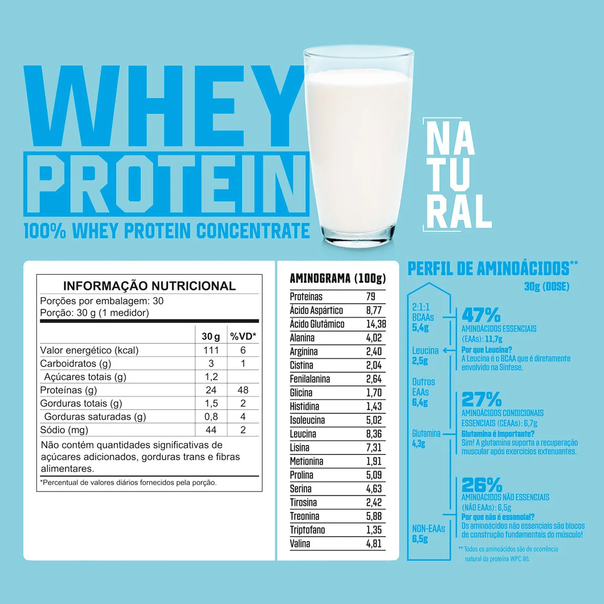 100% Whey Protein Concentrado 900g Sabor Natural - Proteína 100% Pura - 3VS Nutrition
