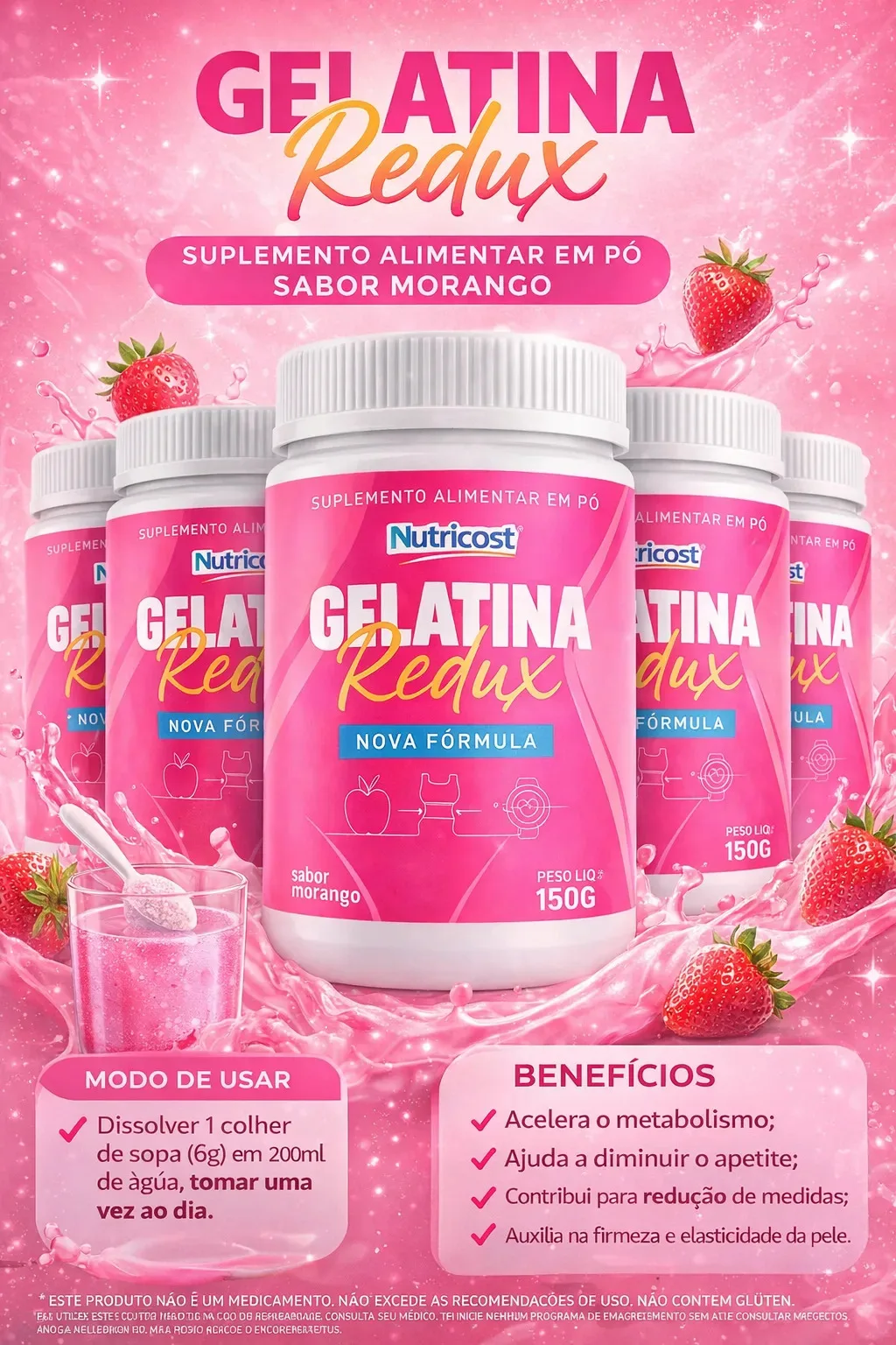 Gelatina Redux 150g Nutricost Sabor Morango Envio Flex
