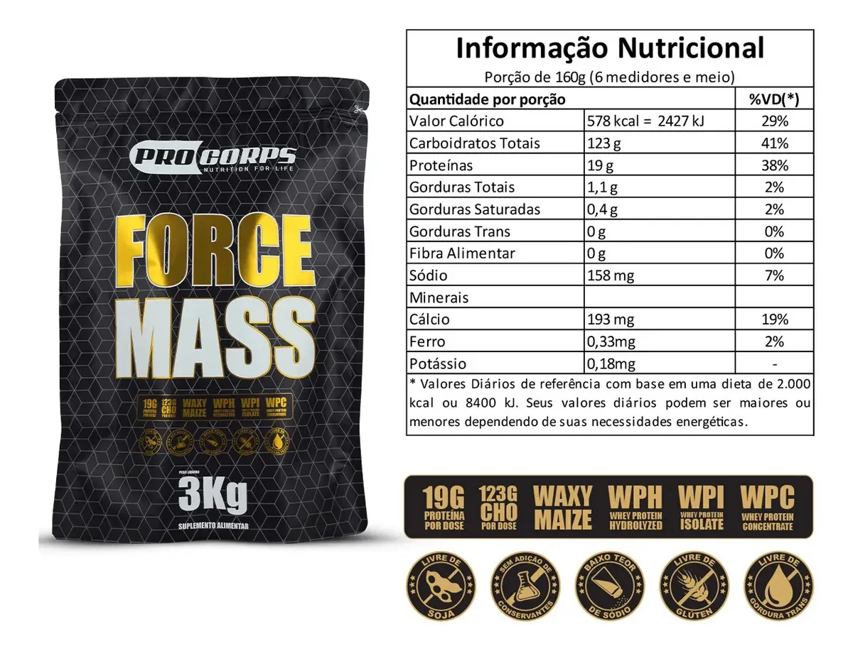 Massa Para Ganho De Peso - Force Mass 3kg Pro Corps Sabor Chocolate
