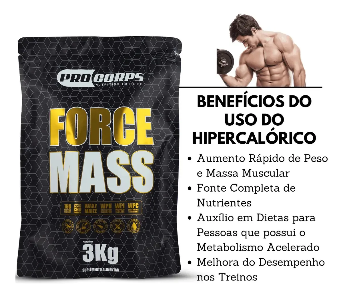 Massa Para Ganho De Peso - Force Mass 3kg Pro Corps Sabor Chocolate