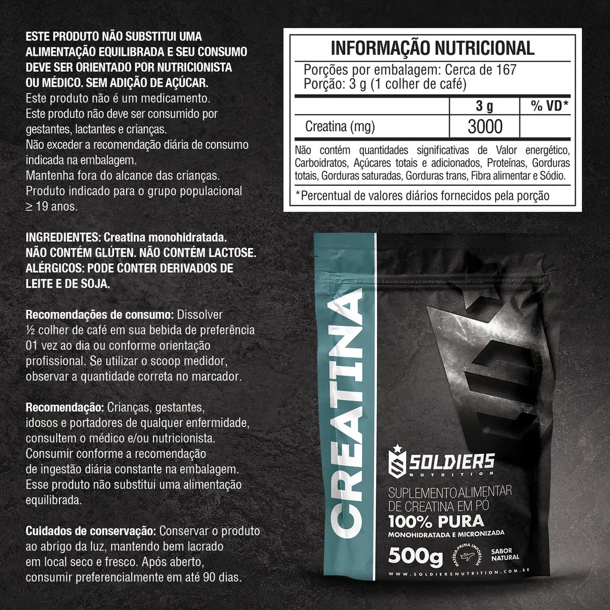 Creatina Monohidratada 500g Soldiers Nutrition 100% Pura Importada Alta Performance Músculo Treino