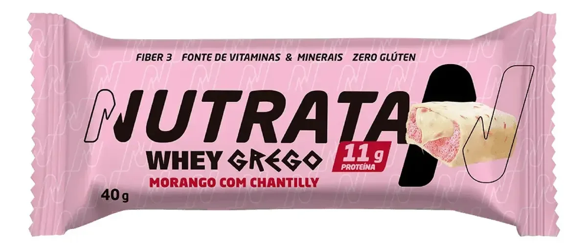 Barra Whey Grego 40g Display com 12 unidades Morango com Chantilly Nutrata