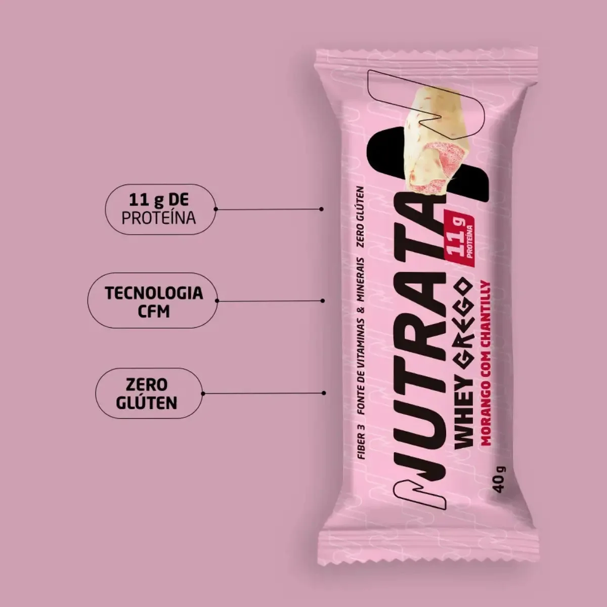 Barra Whey Grego 40g Display com 12 unidades Morango com Chantilly Nutrata
