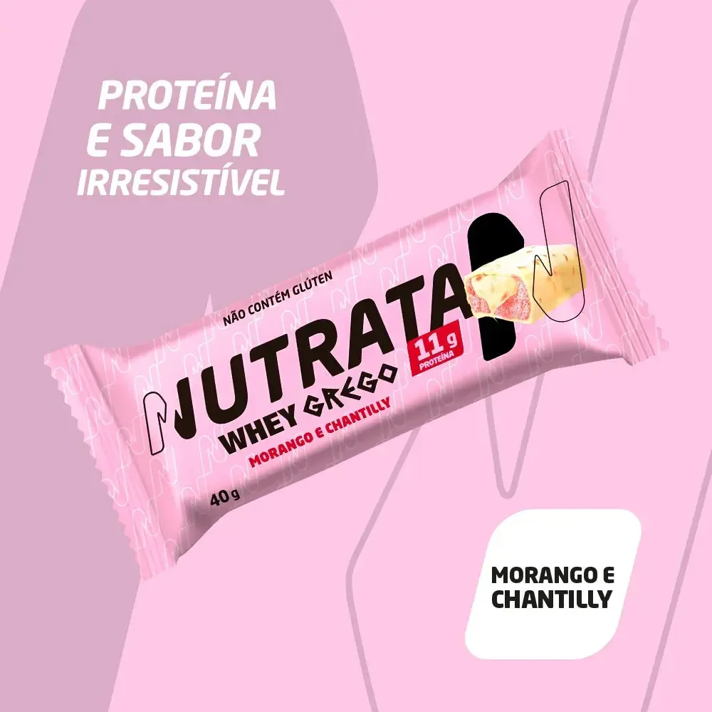 Barra Whey Grego 40g Display com 12 unidades Morango com Chantilly Nutrata