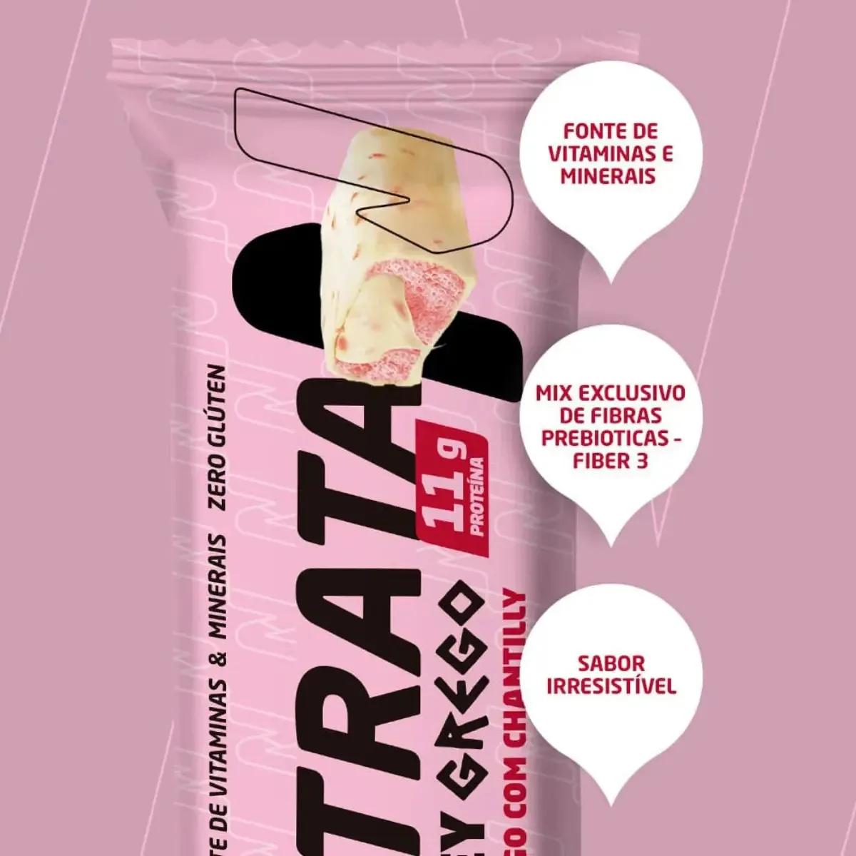 Barra Whey Grego 40g Display com 12 unidades Morango com Chantilly Nutrata