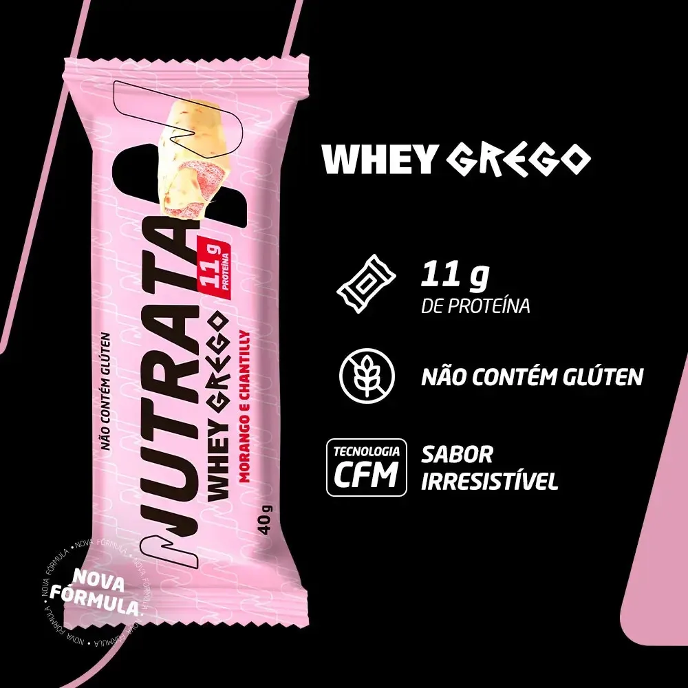 Barra Whey Grego 40g Display com 12 unidades Morango com Chantilly Nutrata