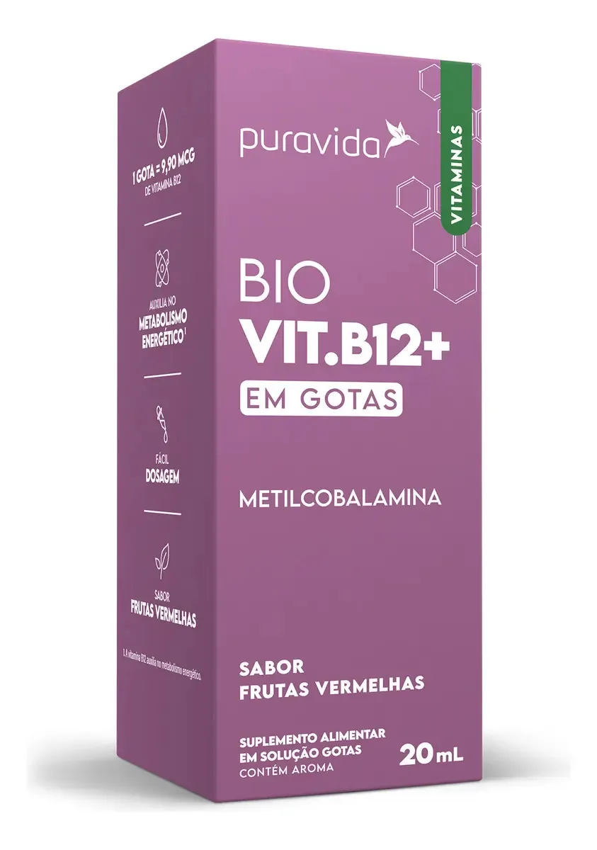 B12 Drops Metilcobalamina 20ml Sabor Frutas Vermelhas Puravida