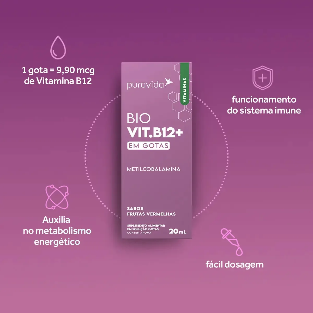 B12 Drops Metilcobalamina 20ml Sabor Frutas Vermelhas Puravida