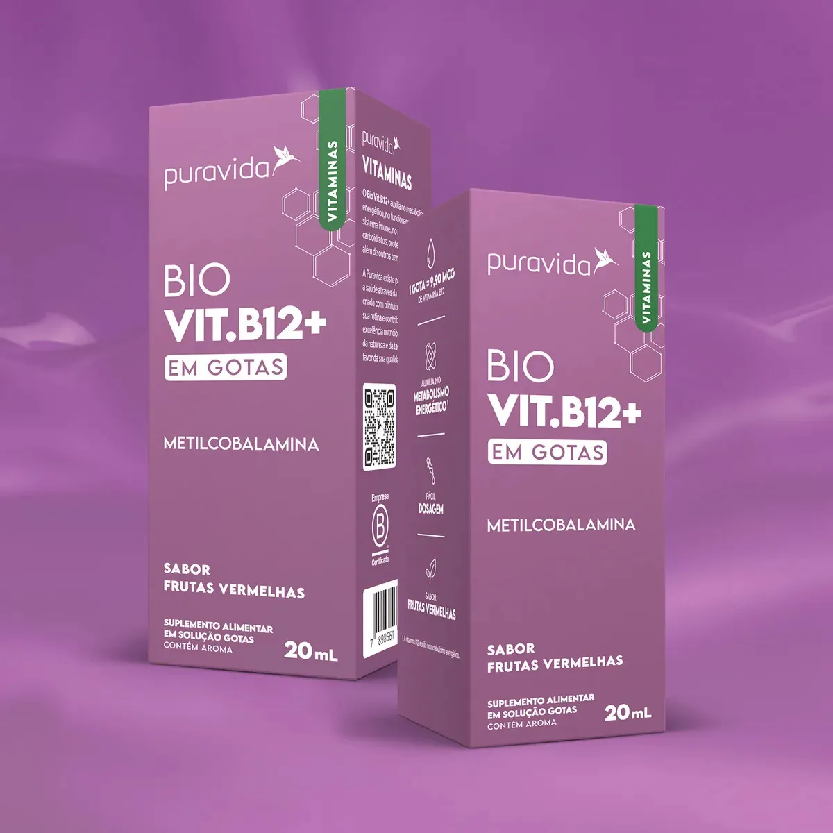 B12 Drops Metilcobalamina 20ml Sabor Frutas Vermelhas Puravida